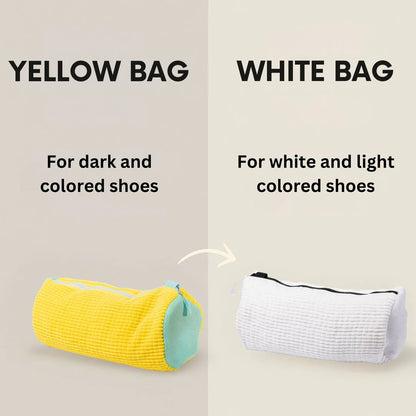 Two shoe cleaning bags, one yellow and one white, with text indicating their use for different types of shoes.