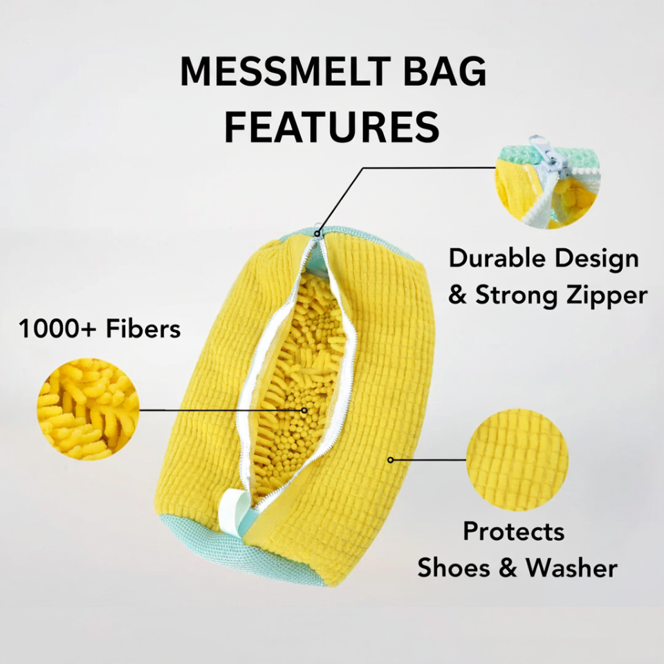 Yellow messmelt bag with features highlighted on a light gray background