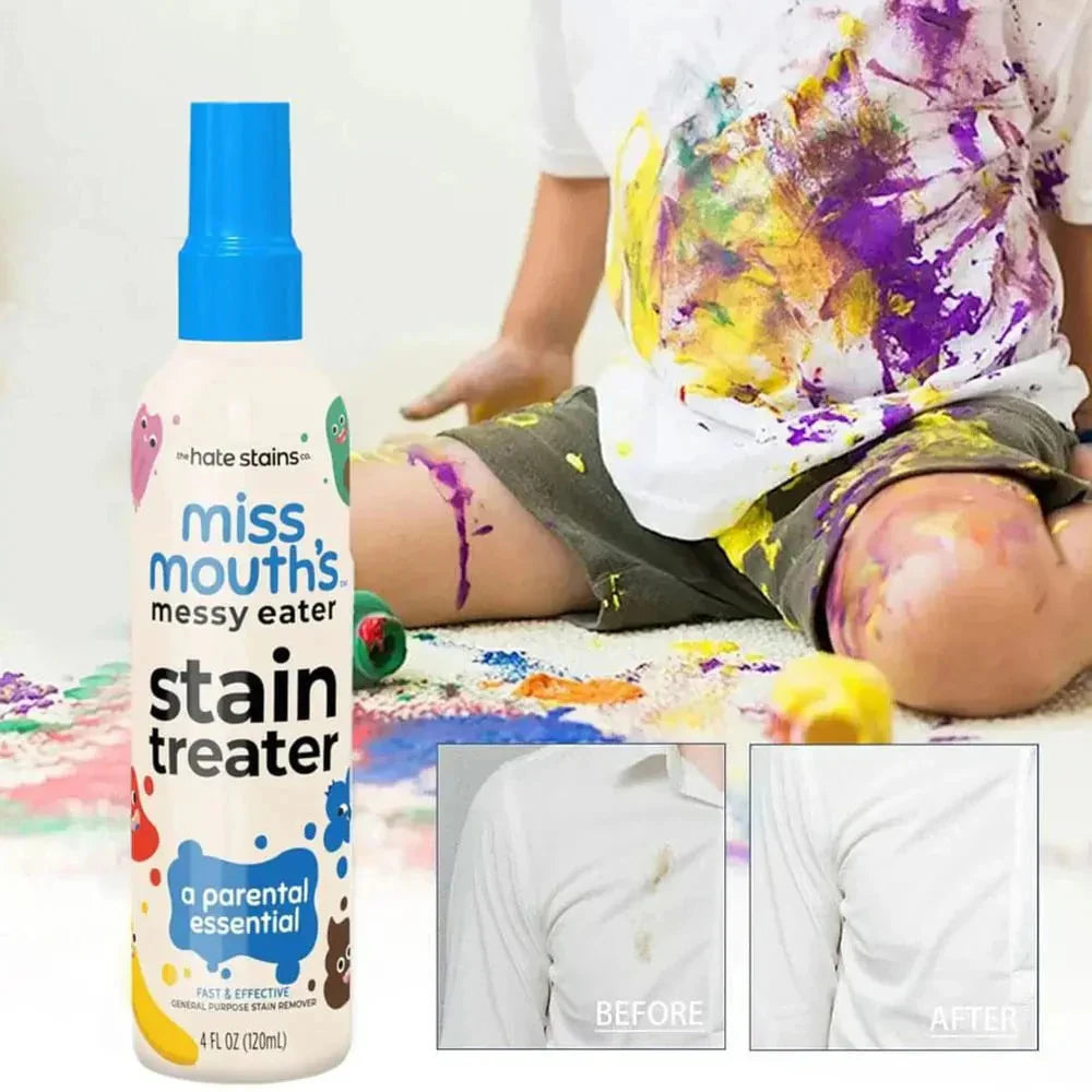 Miss Mouth's Stain Treater bottle with a child covered in paint and before/after images of stained clothing.