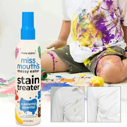 Miss Mouth's Stain Treater bottle with a child covered in paint and before/after images of stained clothing.